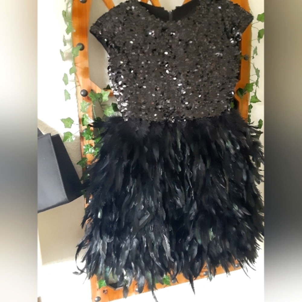 Flamboyant black feather and sequin new years dress. Size 14 kids
